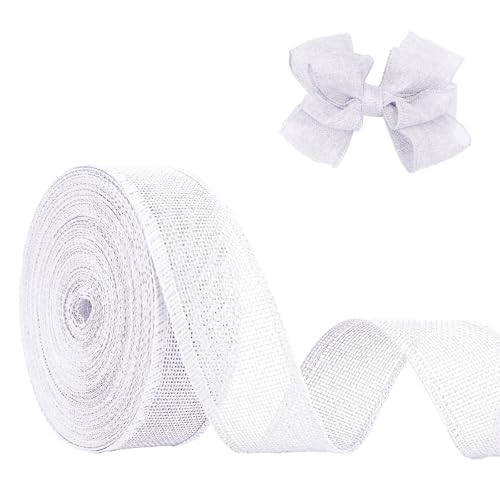 JaoZuyard Weißes Juteband, 3,8 cm x 20 m, natürliches Leinen, gewebt, DIY, handgefertigt, Drahtrand, Produktionskranz, Urlaubsdekoration, Geschenkbänder für Geschenkverpackungen, Jute-Leinenbänder von JaoZuyard