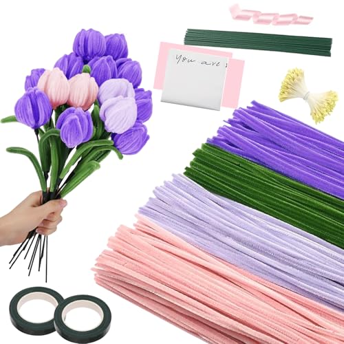 Pfeifenreiniger zum Basteln Set, 400 Stück Blumenstrauß Pfeifenreiniger Set in 4 Farben zum Basteln,Pipe Cleaner Flower Set mit 20 Stück Grün Basteldraht, Geschenkband, Blumenband,Violett Pfeifenreiniger zum Basteln Set, 400 Stück Blumenstrauß Pfeifenreiniger Set in 4 Farben zum Basteln,Pipe Cleaner Flower Set mit 20 Stück Grün Basteldraht, Geschenkband, Blumenband,Violett von Jaoucue