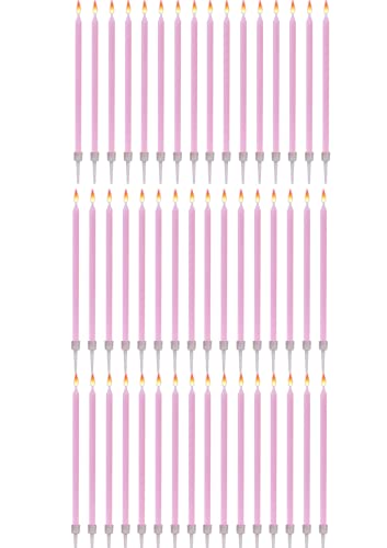 48 Geburtstagskerzen Lange Dünne mit Haltern - Größe 12 cm x 0,5 cm - Farbe Rosa von Jaow