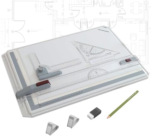 Japard Tragbares Zeichenbrett, A3, leicht, metrisch, multifunktional, mit Lineal, winkelverstellbares Messsystem von Japard