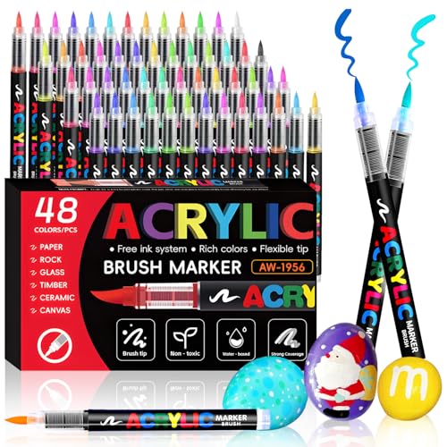 Japzam 48 Farben Acrylstifte Acrylic Brush Marker Set für Steine Wasserfest Acrylmarker 1-5mm Acrylic Paint Marker für Holz, Glas, Keramik, Ei, Papier, Stifte zum Steine Bemalen für Ostern Weihnachten von Japzam