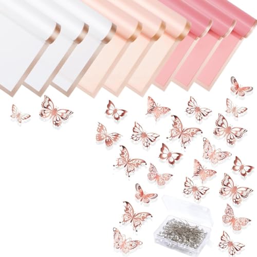 Jaqperd Hochzeits-Ansteckblumen-Set, 100 Stück Blumenstrauß-Hochzeitsnadeln, 48 Stück 3D-Roségold-Schmetterlings-Wanddekoration, 15 Blatt Blumen-Geschenkpapier von Jaqperd