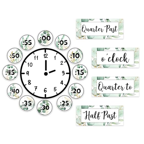 JarThenaAMCS 16 x Eukalyptus-Anschlagtafel, grüne Klassenzimmer-Uhr-Etiketten, Aquarellblätter, Uhrenzahlen, Etiketten zum Lernen der Zeit, Klassenzimmer-Dekoration JarThenaAMCS 16 x Eukalyptus-Anschlagtafel, grüne Klassenzimmer-Uhr-Etiketten, Aquarellblätter, Uhrenzahlen, Etiketten zum Lernen der Zeit, Klassenzimmer-Dekoration von JarThenaAMCS