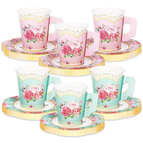 JarThenaAMCS 24 Sets Teeparty-Dekorationen, 24 x 266 ml, mintgrün-rosa Blumen-Papier-Teetassen mit Griff und 24 Teller à 14 cm, für Frühlingstee, Party-Geschirr von JarThenaAMCS
