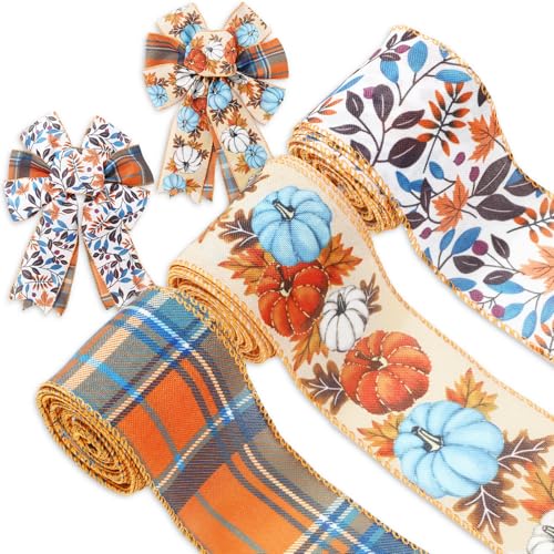 JarThenaAMCS 3 Rollen Herbstband mit Drahtrand, Herbst-Kürbisblätter, kariertes Band, blau, orange, Thanksgiving-Stoffbänder für Kranz, Schleifen, Basteln, Verpacken, 18 Meter JarThenaAMCS 3 Rollen Herbstband mit Drahtrand, Herbst-Kürbisblätter, kariertes Band, blau, orange, Thanksgiving-Stoffbänder für Kranz, Schleifen, Basteln, Verpacken, 18 Meter von JarThenaAMCS
