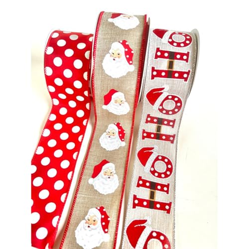 JarThenaAMCS 3 Rollen Weihnachtsband mit Drahtrand, Punkte, Weihnachtsmann, Stoff, Bastelband für Schleife, Kranz, Geschenkverpackung, Urlaub, Party, Heimdekoration, 6,3 cm, 18 Meter JarThenaAMCS 3 Rollen Weihnachtsband mit Drahtrand, Punkte, Weihnachtsmann, Stoff, Bastelband für Schleife, Kranz, Geschenkverpackung, Urlaub, Party, Heimdekoration, 6,3 cm, 18 Meter von JarThenaAMCS