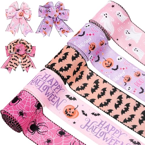 JarThenaAMCS 5 Rollen Halloween-Bänder mit Drahtrand, Kürbis, Geist, Spinnennetz, Fledermaus, Bastelband, Rosa, Lila, Orange, Stoffband für Schleife, Kranz, Party, Heimdekoration, 6,3 cm, 27,7 m JarThenaAMCS 5 Rollen Halloween-Bänder mit Drahtrand, Kürbis, Geist, Spinnennetz, Fledermaus, Bastelband, Rosa, Lila, Orange, Stoffband für Schleife, Kranz, Party, Heimdekoration, 6,3 cm, 27,7 m von JarThenaAMCS