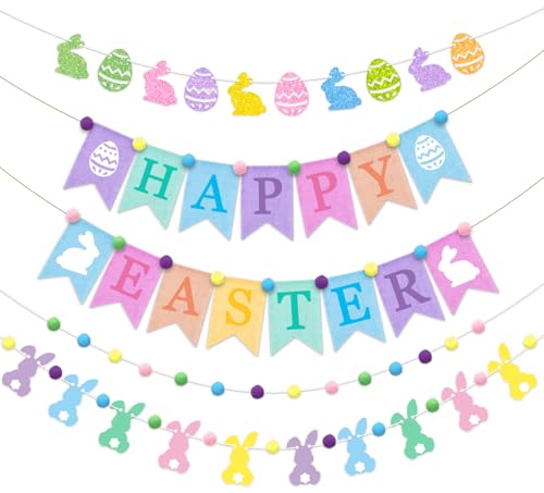 JarThenaAMCS 5 Stück Happy Easter Jute-Banner, Hasenpapier, Banner, Filz, Pompon, Kugelgirlande, Glitzer, Kaninchen, Ei, hängende Ornamente für Frühlingseiersuche, Party-Hintergrund JarThenaAMCS 5 Stück Happy Easter Jute-Banner, Hasenpapier, Banner, Filz, Pompon, Kugelgirlande, Glitzer, Kaninchen, Ei, hängende Ornamente für Frühlingseiersuche, Party-Hintergrund von JarThenaAMCS