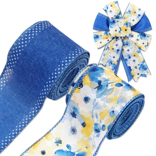 JarThenaAMCS Aquarell-Blumenband mit Drahtrand, 6,3 cm, gelb-blau, Blumenstoff, Bastelband für Schleife, Kranz, Geschenkverpackung, Frühling, Sommer, Party, Heimdekoration, 2 Rollen, 20 Meter JarThenaAMCS Aquarell-Blumenband mit Drahtrand, 6,3 cm, gelb-blau, Blumenstoff, Bastelband für Schleife, Kranz, Geschenkverpackung, Frühling, Sommer, Party, Heimdekoration, 2 Rollen, 20 Meter von JarThenaAMCS