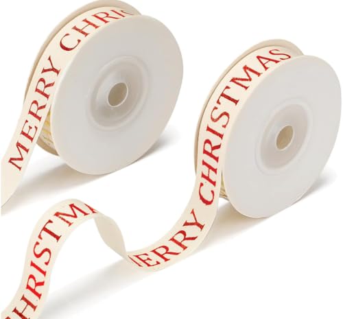 JarThenaAMCS Baumwollband mit Aufschrift "Merry Christmas", 1,6 cm, für Bastelarbeiten, Weihnachten, Winterdekorationen, 2 Rollen von JarThenaAMCS