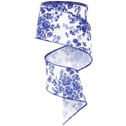 JarThenaAMCS Blaues Blumenband mit Draht, 6,3 cm, Vintage-Blumenband für Schleife, Kranz, Handwerk, Geschenkverpackung, Geschenkband, Frühling, Urlaub, Hochzeit, Geburtstag, Party, Heimdekoration von JarThenaAMCS