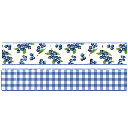 JarThenaAMCS Blueberry Band mit Drahtrand, 6,3 cm, blau kariert, Sommerfrucht, Stoffband für Schleife, Kranz, Geschenkverpackung, Party, Heimdekoration, 2 Rollen, 20 Meter JarThenaAMCS Blueberry Band mit Drahtrand, 6,3 cm, blau kariert, Sommerfrucht, Stoffband für Schleife, Kranz, Geschenkverpackung, Party, Heimdekoration, 2 Rollen, 20 Meter von JarThenaAMCS