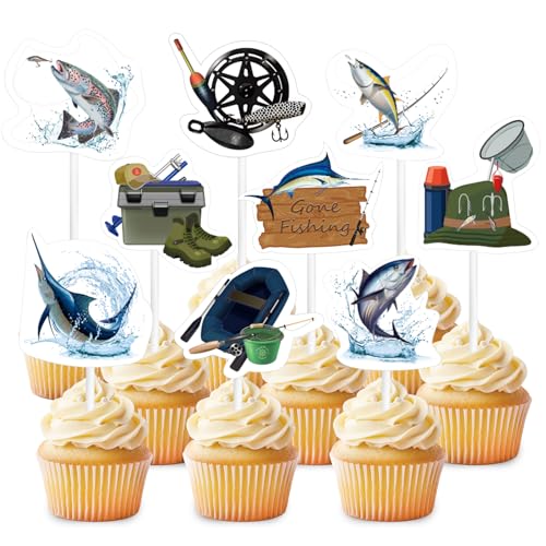 JarThenaAMCS Cupcake-Aufsätze für Fischpartys, Desserts, 9 Stile, Angelausrüstung, Papier-Cupcake-Picks, Angel-Themen-Dekorationen für Angler, Party-Dekoration, 36 Stück von JarThenaAMCS