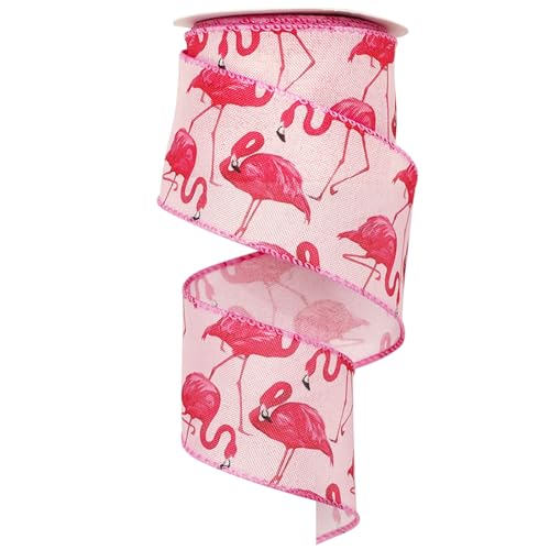 JarThenaAMCS Flamingo-Band mit Drahtrand, rosa Sommerstoff, tropisches Bastelband für Geburtstag, DIY, Kranzschleife, 12 Meter von JarThenaAMCS