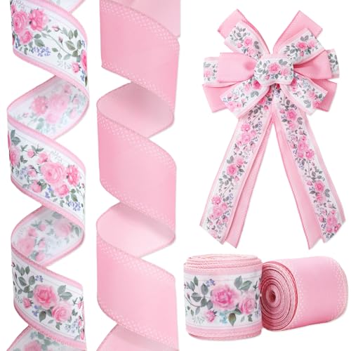 JarThenaAMCS Florales Band mit Drahtrand, 20 Meter, rosa Frühlingsblumen, Stoffband für Hochzeit, Brautparty, Babyparty, Kranz, Schleife, Basteln, 2 Rollen JarThenaAMCS Florales Band mit Drahtrand, 20 Meter, rosa Frühlingsblumen, Stoffband für Hochzeit, Brautparty, Babyparty, Kranz, Schleife, Basteln, 2 Rollen von JarThenaAMCS