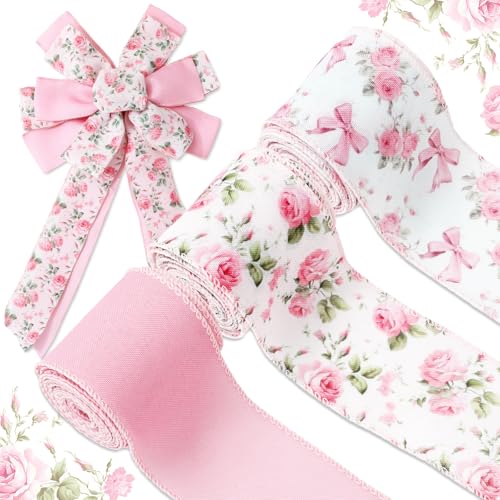 JarThenaAMCS Florales Schleifenband mit Drahtrand, rosa Blumenschleife, Bastelband, Kokette, Frühlingsstoffbänder für Kranz, Schleife, DIY, Verpackung, Party-Dekoration, 3 Rollen, 18 Meter JarThenaAMCS Florales Schleifenband mit Drahtrand, rosa Blumenschleife, Bastelband, Kokette, Frühlingsstoffbänder für Kranz, Schleife, DIY, Verpackung, Party-Dekoration, 3 Rollen, 18 Meter von JarThenaAMCS