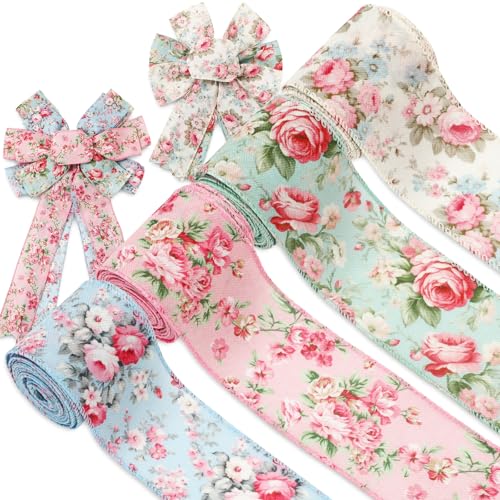 JarThenaAMCS Frühlingsblumenband mit Drahtrand, Aquarell, Vintage-Blumenband, rosa Rose, dekoratives Stoffband für Kranz, Schleifen, Basteln, Verpacken, 4 Rollen, 22 m JarThenaAMCS Frühlingsblumenband mit Drahtrand, Aquarell, Vintage-Blumenband, rosa Rose, dekoratives Stoffband für Kranz, Schleifen, Basteln, Verpacken, 4 Rollen, 22 m von JarThenaAMCS