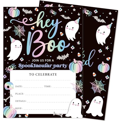 JarThenaAMCS Halloween-Partyeinladungen mit Umschlägen, schillernd, Hey Boo Geist, Kürbis-Einladungen für Süßes oder Saures, Geburtstagsparty-Gastgeschenke, 25 Stück von JarThenaAMCS