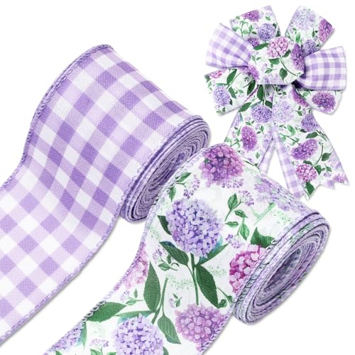 JarThenaAMCS Hortensien-Blumenband mit Drahtrand, 6,3 cm, violett, Blumenstoff, Bastelband, kariert, Geschenkpapier, Bänder für Schleife, Kranz, Frühling, Sommer, Party, Heimdekoration, 2 Rollen, 20 JarThenaAMCS Hortensien-Blumenband mit Drahtrand, 6,3 cm, violett, Blumenstoff, Bastelband, kariert, Geschenkpapier, Bänder für Schleife, Kranz, Frühling, Sommer, Party, Heimdekoration, 2 Rollen, 20 von JarThenaAMCS