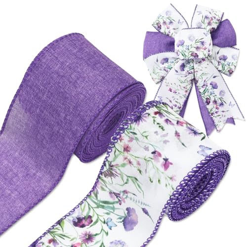 JarThenaAMCS Lila Wildblumenband mit Drahtrand, 6,3 cm, Blumenstoff, Bastelband für Schleife, Kranz, Geschenkverpackung, Frühling, Sommer, Party, Heimdekoration, 2 Rollen, 20 Meter JarThenaAMCS Lila Wildblumenband mit Drahtrand, 6,3 cm, Blumenstoff, Bastelband für Schleife, Kranz, Geschenkverpackung, Frühling, Sommer, Party, Heimdekoration, 2 Rollen, 20 Meter von JarThenaAMCS