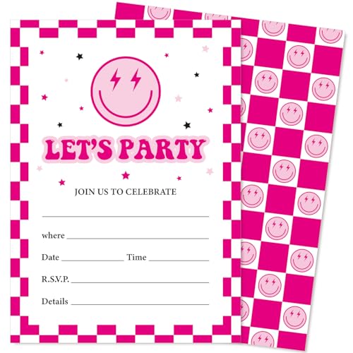 JarThenaAMCS Partyeinladungen mit Umschlägen, Retro-Design, rosafarbenes Smiley-Gesicht, rosa kariert, Happy Face Einladungen für Hochzeit, Feier, Preppy Party, 12,7 x 17,8 cm, 25 Stück von JarThenaAMCS