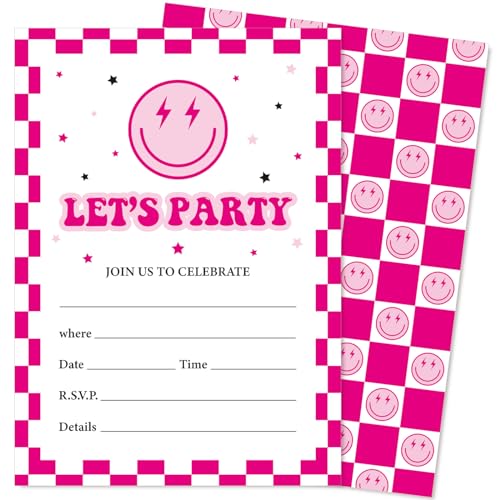 JarThenaAMCS Partyeinladungen mit Umschlägen, Retro-Design, rosafarbenes Smiley-Gesicht, rosa kariert, Happy Face Einladungen für Hochzeit, Feier, Preppy Party, 12,7 x 17,8 cm, 25 Stück JarThenaAMCS Partyeinladungen mit Umschlägen, Retro-Design, rosafarbenes Smiley-Gesicht, rosa kariert, Happy Face Einladungen für Hochzeit, Feier, Preppy Party, 12,7 x 17,8 cm, 25 Stück von JarThenaAMCS