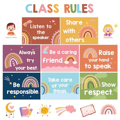 JarThenaAMCS Poster für Klassenzimmer, Boho, Regenbogenfarben, Klassenregeln, Pinnwand mit Klebepunkten, motivierendes, pädagogisches Verhalten, Wandschilder, gute Gewohnheiten, Banner für von JarThenaAMCS