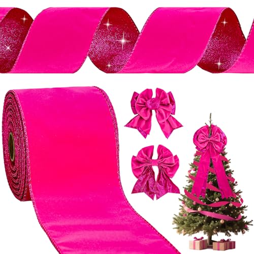 JarThenaAMCS Samtband mit Drahtrand, doppelseitig, glitzernd, für Weihnachtsbaum, Schleife, Kranz, Urlaub, Heimdekoration, 10,2 cm von JarThenaAMCS