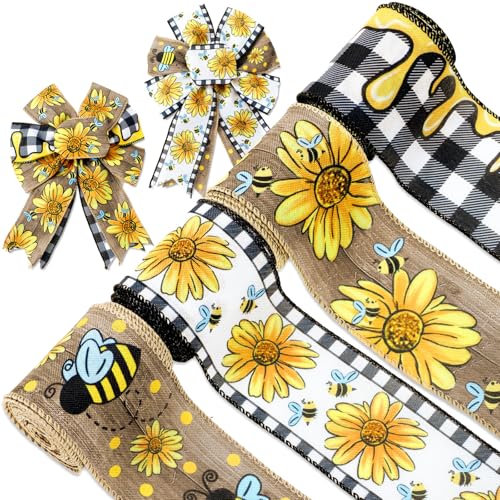 JarThenaAMCS Sonnenblumen-Bienenband mit Drahtrand, Hummel, Blume, kariert, Sommer, dekorative Stoffbänder für Kranz, Schleifen, Basteln, Verpacken, 4 Rollen, 22 Meter JarThenaAMCS Sonnenblumen-Bienenband mit Drahtrand, Hummel, Blume, kariert, Sommer, dekorative Stoffbänder für Kranz, Schleifen, Basteln, Verpacken, 4 Rollen, 22 Meter von JarThenaAMCS