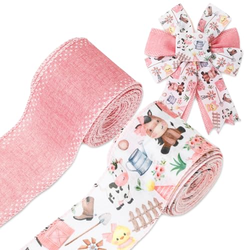 JarThenaAMCS Stoffband mit Bauernhoftieren, mit Drahtrand, Rosa, für Bastelarbeiten, Kranzschleifen, 2 Rollen, 20 Meter von JarThenaAMCS