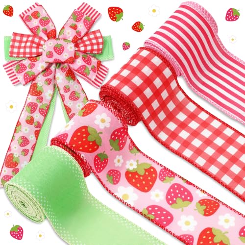 JarThenaAMCS Stoffband mit Erdbeer-Blumenmuster, Drahtrand, grün und rot, kariert, gestreift, für Sommer, Basteln, Kranz, Schleife, Bastelbedarf, 4 Rollen, 22 m JarThenaAMCS Stoffband mit Erdbeer-Blumenmuster, Drahtrand, grün und rot, kariert, gestreift, für Sommer, Basteln, Kranz, Schleife, Bastelbedarf, 4 Rollen, 22 m von JarThenaAMCS