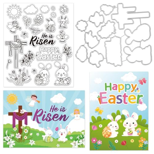 JarThenaAMCS Transparente Oster-Stempelschablonen-Set mit Aufschrift "He is Risen Blessing", Silikon, transparent, Hasenform, Stanzform für Bastelarbeiten, Kartenherstellung, Scrapbooking, Prägung, JarThenaAMCS Transparente Oster-Stempelschablonen-Set mit Aufschrift "He is Risen Blessing", Silikon, transparent, Hasenform, Stanzform für Bastelarbeiten, Kartenherstellung, Scrapbooking, Prägung, von JarThenaAMCS