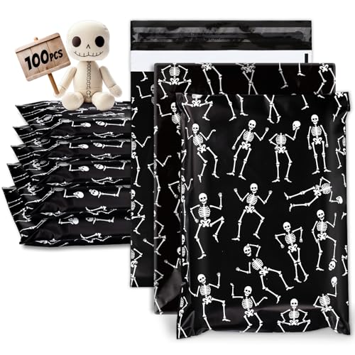 JarThenaAMCS Versandtaschen für Halloween, 25,4 x 33 cm, schwarz, Motiv: tanzendes Skelett, selbstklebende Versandtaschen für kleine Geschäftskleidung, 100 Stück JarThenaAMCS Versandtaschen für Halloween, 25,4 x 33 cm, schwarz, Motiv: tanzendes Skelett, selbstklebende Versandtaschen für kleine Geschäftskleidung, 100 Stück von JarThenaAMCS