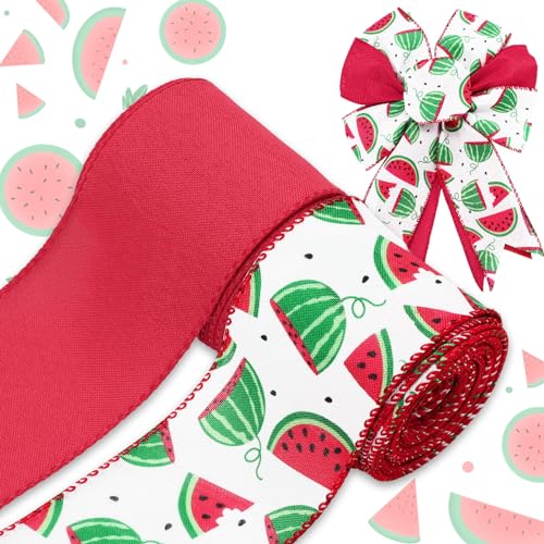JarThenaAMCS Wassermelonenband mit Drahtrand, rot-grünes Obst-Bastelband, Stoffband für Sommerkranz, Schleife, DIY-Verpackung, Party-Dekoration, 2 Rollen, 20 Meter von JarThenaAMCS
