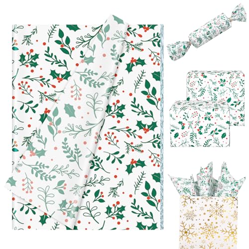 JarThenaAMCS Weihnachts-Seidenpapier, Weihnachtsmotiv, Stechpalmenbeere, Mistelzweig, Geschenkpapier für Bastelarbeiten, Geburtstag, Winter, Urlaub, Party, Dekoration, 34 x 50 cm, 100 Blatt von JarThenaAMCS