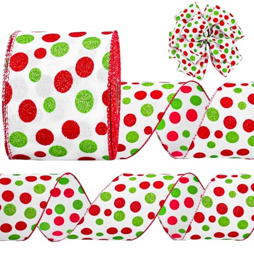 JarThenaAMCS Weihnachtsbänder mit Drahtrand, 12,7 cm, 12,7 m, Rot / Grün, Glitzer, Tupfen, Weihnachtsbaum, Band für Schleife, Kranz, Handwerk, Geschenkverpackung, Urlaub, Party, Heimdekoration von JarThenaAMCS