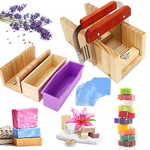 JasCherry 4 Stück Pinie Holz Verstellbar Seifen Silikonform Spree Set - Handgefertigt Holz DIY Seifenschneider Werkzeug Kit Einstellbare Box + 2 Edelstahl Schnittmesser + 100 Seifensäcke #2 von JasCherry