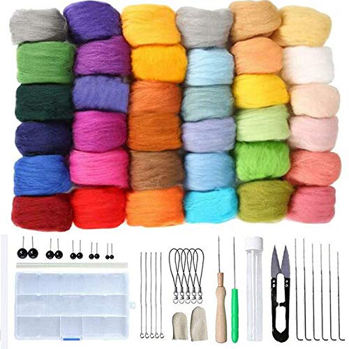 JasCherry Nadelfilz Set, 36 Farben Filzwolle Basteln, Nadelfilz Starter Kit, Quennslandwolle Schafwolle DIY mit Werkzeug Set, Handspinnendes Bastelfilzmaterial für Anfänger（3 g/Farbe） von JasCherry
