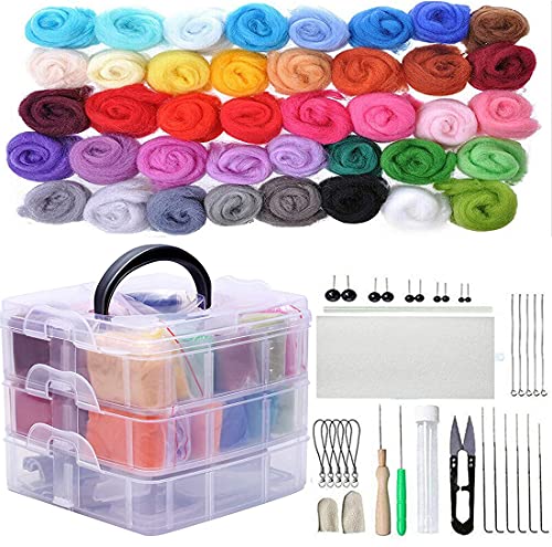 JasCherry Nadelfilz Set, 40 Farben Filzwolle Basteln, Nadelfilz Starter Kit, Quennslandwolle Schafwolle DIY mit Werkzeug Set & Kunststoffbox, Handspinnendes Bastelfilzmaterial für Anfänger von JasCherry