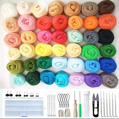 JasCherry Nadelfilz Set, 50 Farben Filzwolle Basteln, Nadelfilz Starter Kit, Quennslandwolle Schafwolle DIY mit Werkzeug Set, Handspinnendes Bastelfilzmaterial für Anfänger（3 g/Farbe） von JasCherry