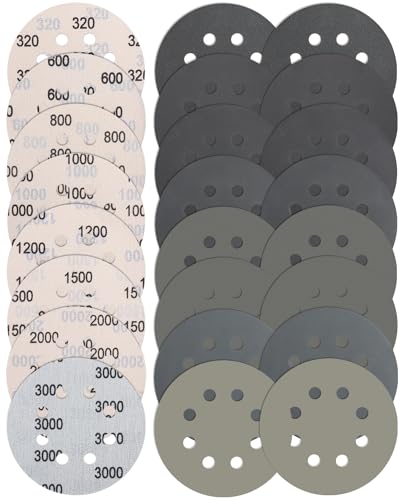 JatilEr 24 Stück Schleifpapier 125mm Klett, 8 Loch Nasse Trockene Schleifscheiben Körnung 320/600/800/1000/1200/1500/2000/3000 Fein Exzenterschleifer Schleifpapi Set für Auto Metall Holz von JatilEr