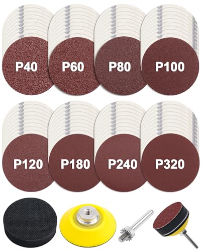 JatilEr 80 Stück Schleifpapier 50mm Klett, 2 Zoll Rund Schleifpads Körnung P40 P60 P80 P100 P120 P180 P240 P320 Exzenterschleifer Schleifscheiben Pad Kit Polierpad Adapter für Poliert Auto Metall Holz von JatilEr