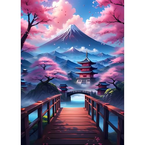 Jawecci Diamond Painting Kirschblüten Erwachsene, 5D Diamant Painting Berge Bilder Erwachsene Anfänger, DIY Runde Steine Diamant Kunst Set Diamant Malerei Kinder für Home Dekor 30x40cm von Jawecci