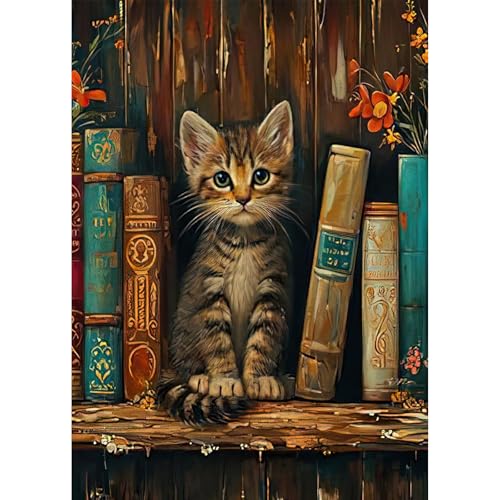 Jawecci Kitty Diamond Painting Erwachsene, 5D Diamant Painting Bilder Erwachsene Anfänger, DIY Runde Steine Bücherregal Diamant Kunst Set Diamant Malerei Kinder für Home Dekor 30x40cm von Jawecci