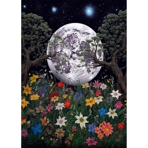 Jawecci Mond Diamond Painting Erwachsene, 5D Diamant Painting Bilder Erwachsene Blumen, DIY Runde Landschaft Diamant Kunst Set Diamant Malerei Kinder für Home Dekor 30x40cm von Jawecci