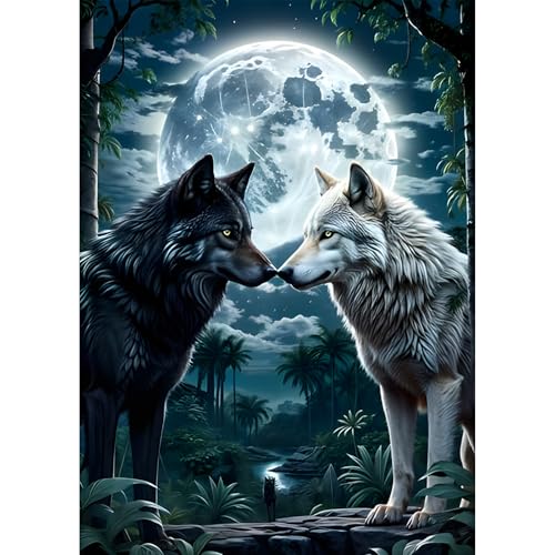 Jawecci Mond Diamond Painting Erwachsene, 5D Wolf Diamant Painting Bilder Erwachsene Anfänger, DIY Runde Steine Diamant Kunst Set Diamant Malerei Kinder für Home Dekor 30x40cm von Jawecci