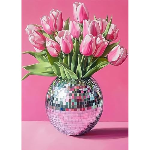 Jawecci Rosa Tulpen Diamond Painting Erwachsene, 5D Diamant Painting Blumen in der Flasche Bilder Erwachsene Anfänger, DIY Diamant Kunst Set Diamant Malerei für Home Dekor 30x40cm von Jawecci