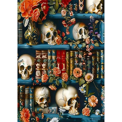Jawecci Schädel Diamond Painting Erwachsene, 5D Zwei Bücherregal Diamant Painting Bilder Erwachsene Anfänger, DIY Runde Steine Diamant Kunst Set Diamant Malerei Kinder für Home Dekor 30x40cm von Jawecci