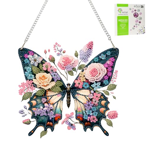Jawecci Schmetterling Diamond Painting Fensterbilder Beidseitige, DIY Blumen Diamant Kunst Anhänger mit Kette Erwachsene, Diamond Painting Bilder Kristall für Fenster Wand Decor von Jawecci