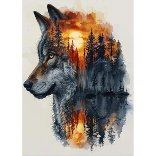 Jawecci Tiere Wolf Diamond Painting Erwachsene, 5D Diamant Painting Sonnenuntergang Wald Bilder Erwachsene Anfänger, DIY Diamant Kunst Set Diamant Malerei Kinder für Home Dekor 30x40cm von Jawecci